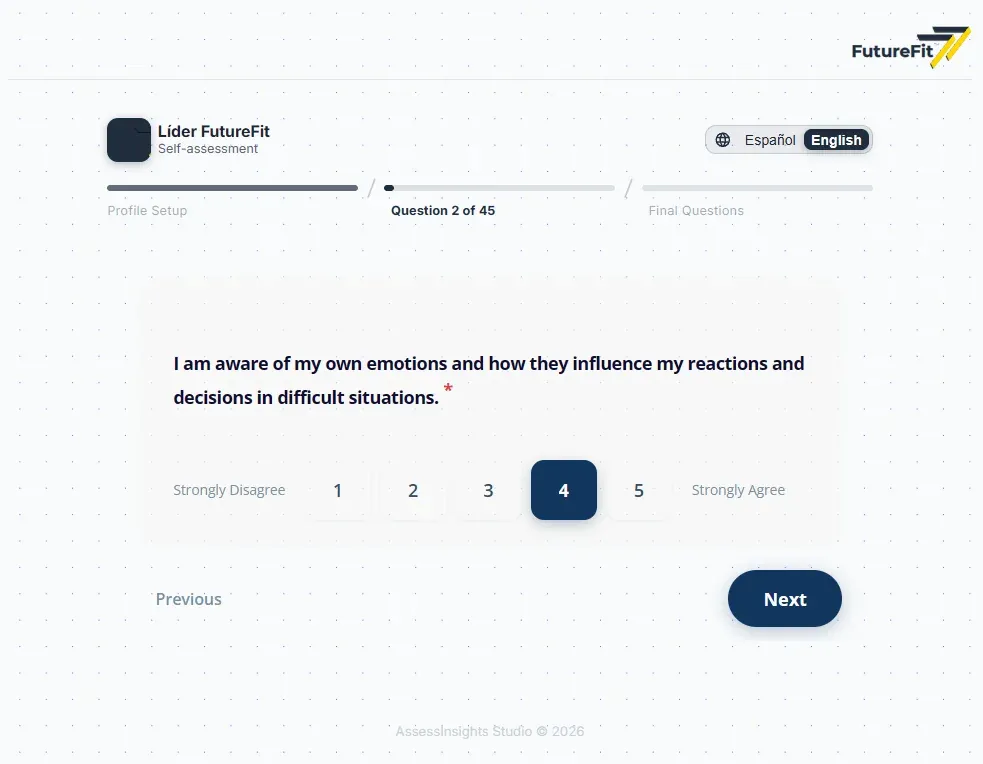 AssessInsights Candidate Assessment Player showing responsive Likert rating scale, progress bar, and bilingual interface