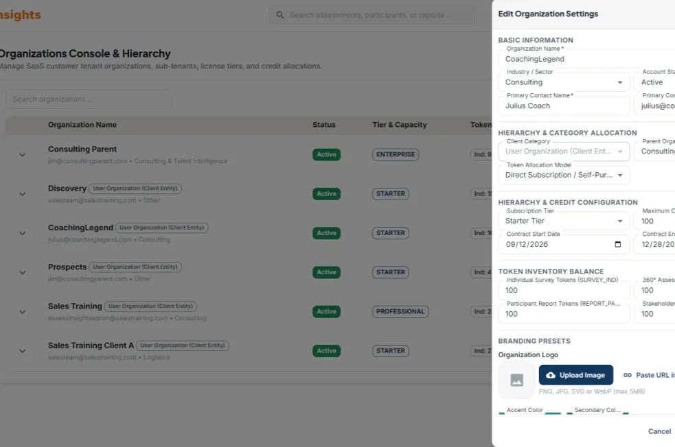 AssessInsights Token Allocation and Organization Settings